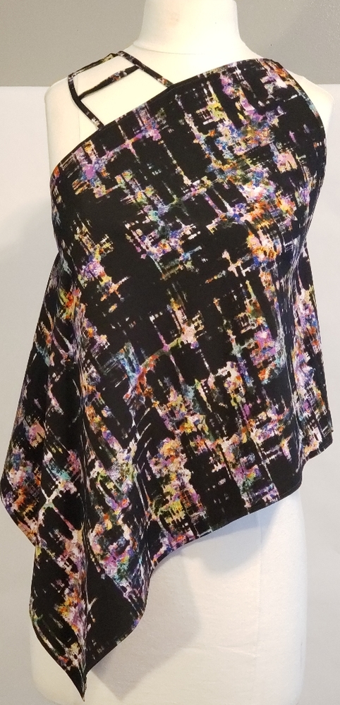 Silk asymmetric top in multi color abstract print